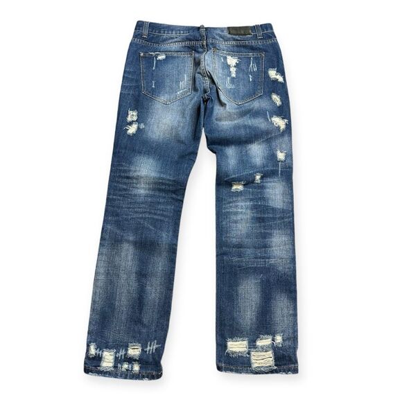 Black Men's Blue Distressed Denim Low Rise Slim Straight Jeans Size 34x32 NWT - Picture 2 of 4